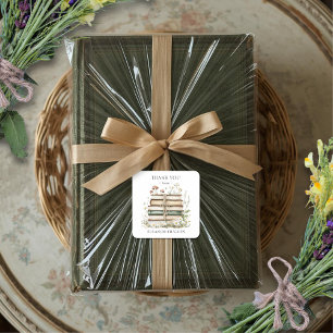 Pegatina Cuadrada Agradecimiento de Libros Florales Vintage de Acuar