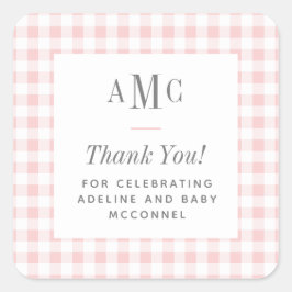 Pegatina Cuadrada Agradecimiento de monograma con cuadros rosas y bl