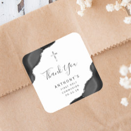 Pegatina Cuadrada Agradecimiento de plata negra primera comunión sag