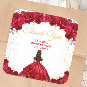 Pegatina Cuadrada Agradecimiento de Quinceañera de la Princesa Roja