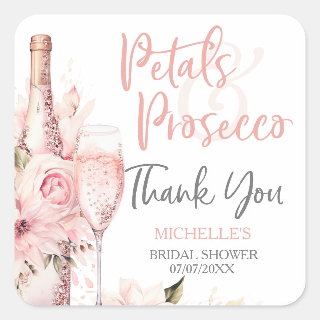 Pegatina Cuadrada Agradecimiento Floral Prosecco Pétalos Boho Rosa R (Anverso)