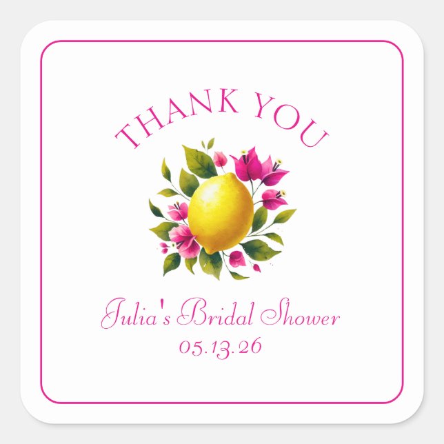 Pegatina Cuadrada Agradecimiento Floral Rosa Limón Personalizado par (Anverso)