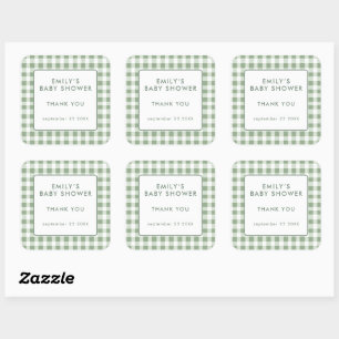 Pegatina Cuadrada Agradecimiento para Baby Shower de Gingham Salvia 