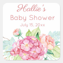 Pegatina Cuadrada Agradecimiento para Baby Shower de hortensia rosa
