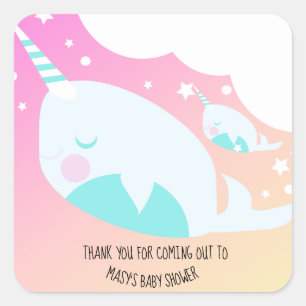 Pegatina Cuadrada Agradecimiento para Baby Shower de Narval Ombre 