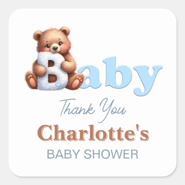 Pegatina Cuadrada Agradecimiento para Baby Shower del Osito Teddy Az (Anverso)