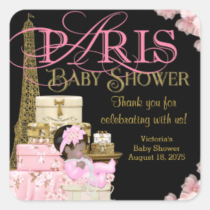 Pegatina Cuadrada Agradecimiento para Baby Shower Rosa Dorado Negro