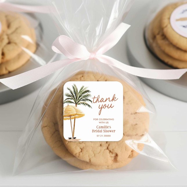 Pegatina Cuadrada Agradecimiento para Baby Shower Tropical de Verano (Beach Summer Bridal Shower Thank you favor stickers)