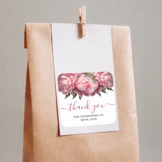 Pegatina Cuadrada Agradecimiento para Despedida de Soltera de Peonía (Pink Peonies Watercolor Bridal Shower Thank You Square Sticker)