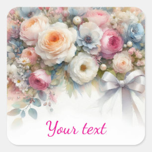 Pegatina Cuadrada Agrega tu texto Flores de boda acuarela