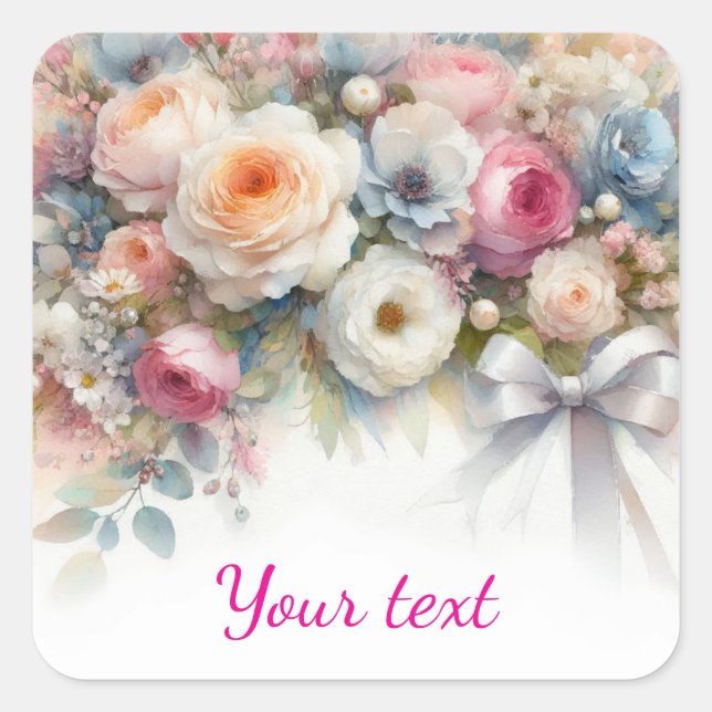 Pegatina Cuadrada Agrega tu texto Flores de boda acuarela (Anverso)