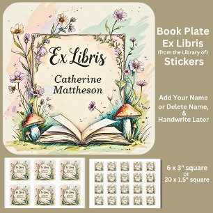 Pegatina Cuadrada Agregar nombre Ex Libris acuarela Cottagecore