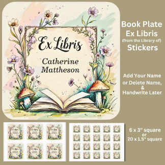 Pegatina Cuadrada Agregar nombre Ex Libris acuarela Cottagecore