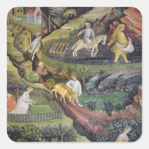 Pegatina Cuadrada Agricultores de aldeas trabajando en abril