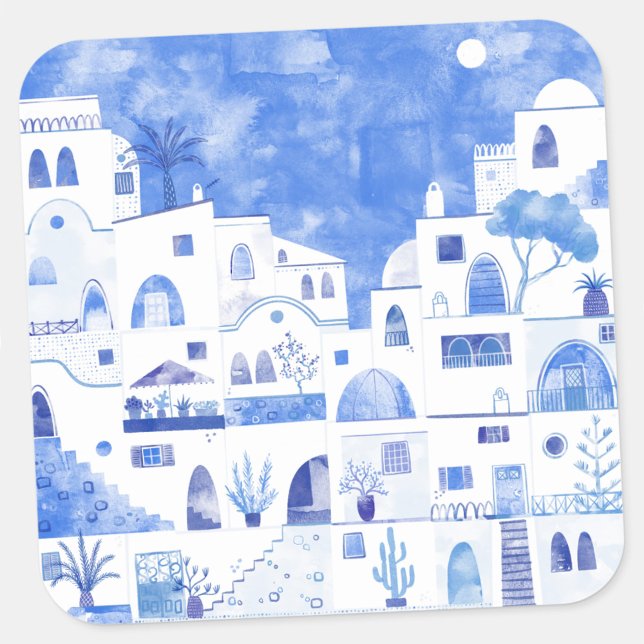 Pegatina Cuadrada Agua de Santorini Grecia (Santorini watercolor sticker)