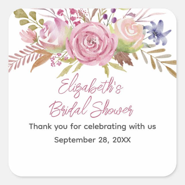 Pegatina Cuadrada Agua Floral Rosa Ducha Botánica Bridal (Anverso)