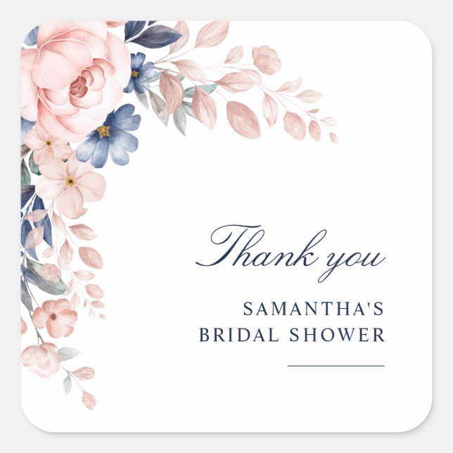 Pegatina Cuadrada Agua Floral Rosa, Ducha De Novia Gracias (Anverso)