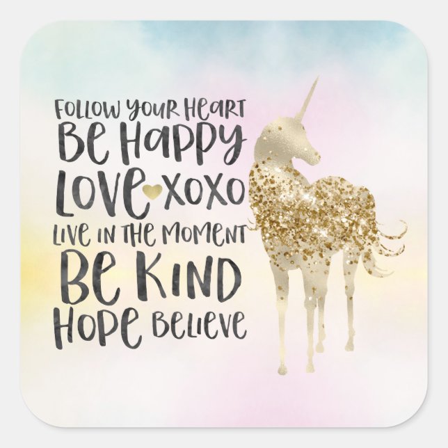 Pegatina Cuadrada Agua rosa amarillo Aqua de unicornio Inspirador (Anverso)