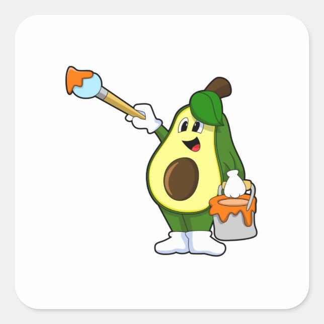 Pegatina Cuadrada Aguacate como pintador con pincel de pintura (Anverso)