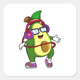 Pegatina Cuadrada Aguacate en la música con audífono