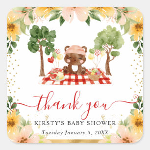 Pegatina Cuadrada Aguada de bosque oso picnic Baby Shower