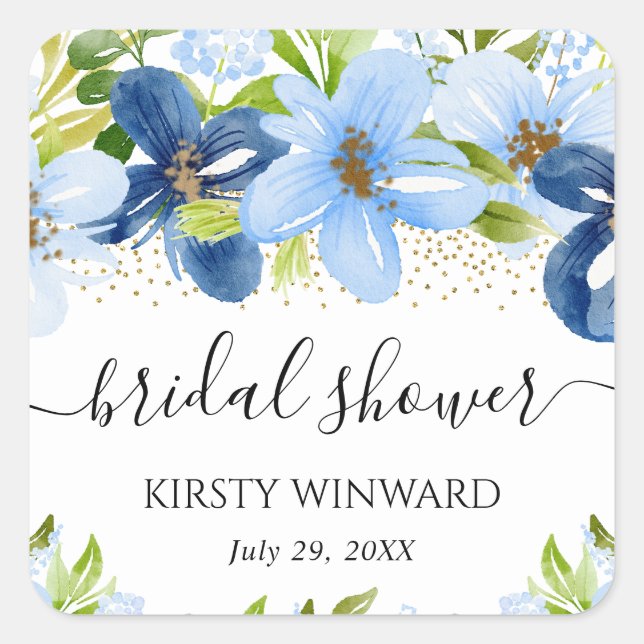 Pegatina Cuadrada Aguamarina de Flores de Verano de Acuarela Baño Nu (Anverso)