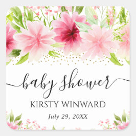 Pegatina Cuadrada Aguamarina Flores de Verano Rosadas Baby Shower