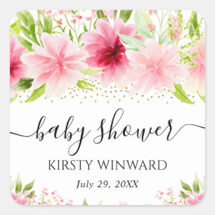Pegatina Cuadrada Aguamarina Flores de Verano Rosadas Baby Shower