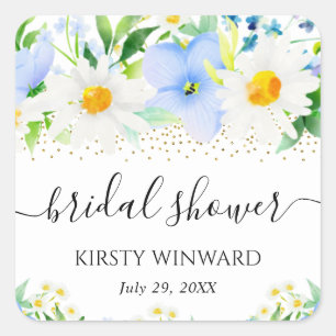 Pegatina Cuadrada Aguamarina Flores y Daisies Bridal Shower