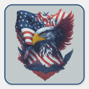 Pegatina Cuadrada Águila Arte USA Rojo Blanco Azul Libertad Patrioti