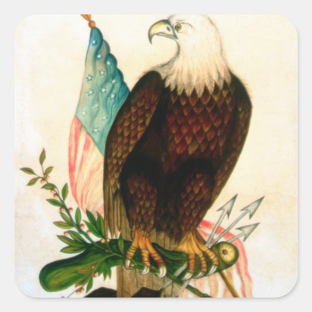 Pegatina Cuadrada Águila calva con bandera (Anverso)