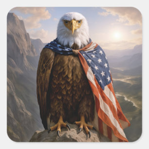 Pegatina Cuadrada Águila calva con capa de bandera americana