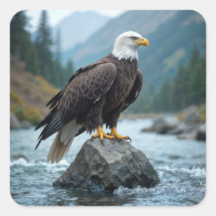 Pegatina Cuadrada Águila calva en una roca fluvial