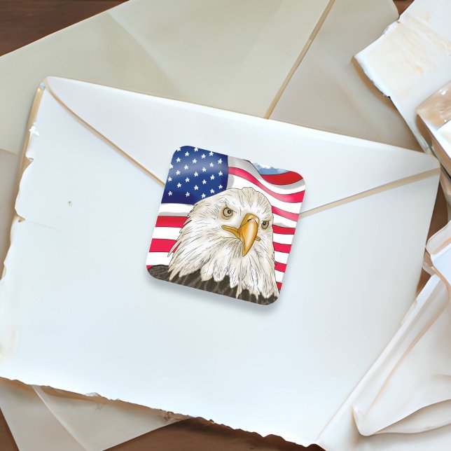Pegatina Cuadrada Águila calva frente a la bandera estadounidense ar (Subido por el creador)