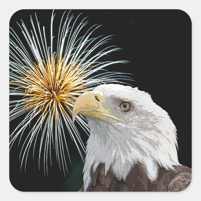 Pegatina Cuadrada Águila calva y fuegos artificiales (Anverso)