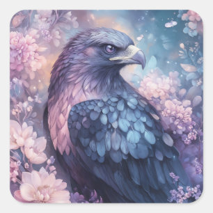 Pegatina Cuadrada Águila celeste entre flores y estrellas