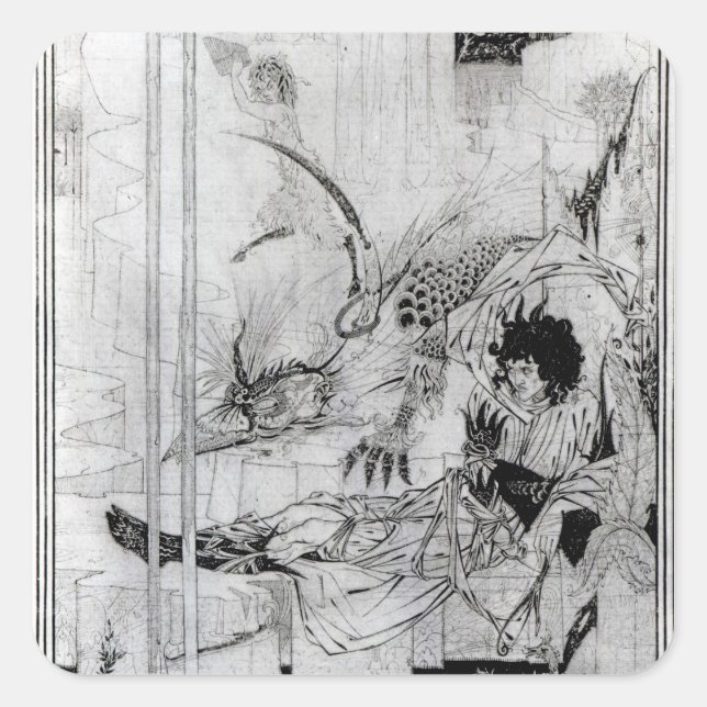 Pegatina Cuadrada Ahora el Rey Arturo vio a la bestia que la quería (Anverso)