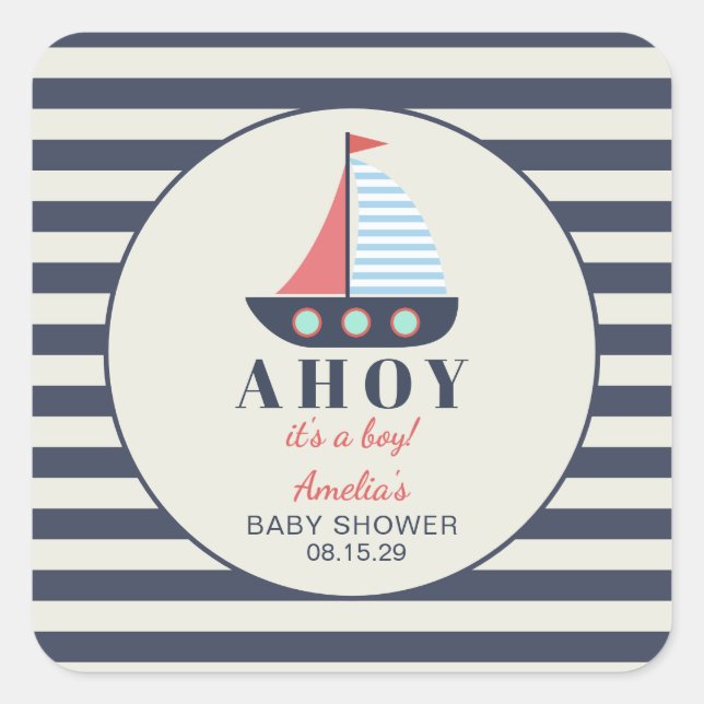Pegatina Cuadrada Ahoy es un Baby Shower de Boy Nautical (Anverso)