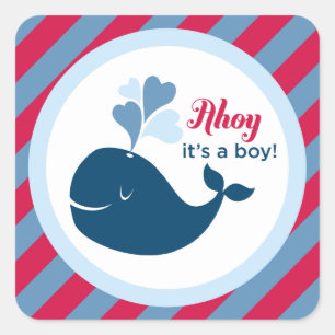 Pegatina Cuadrada Ahoy es un niño ballena azul marino rojo