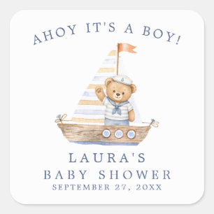 Pegatina Cuadrada Ahoy es un niño Oso de peluche náutico Baby Shower