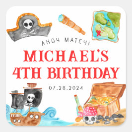 Pegatina Cuadrada Ahoy Shipmates Treasure Hunt Ship Pirate Cumpleaño