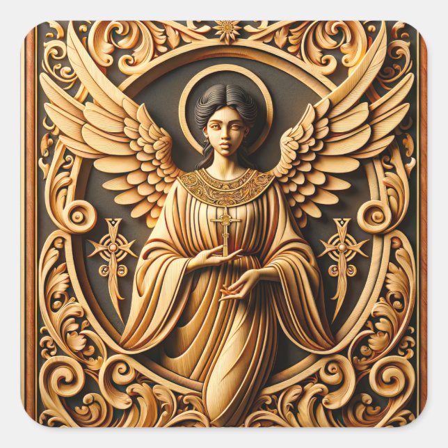 Pegatina Cuadrada AI Beautiful Woodworked Angel (Anverso)