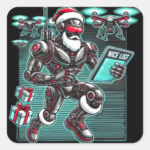 Pegatina Cuadrada AI Powered Santa Robot con drones y Navidades L