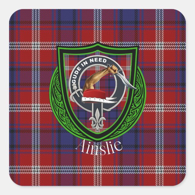 Pegatina Cuadrada Ainslie Scottish Clan Tartan & Escudo (Anverso)