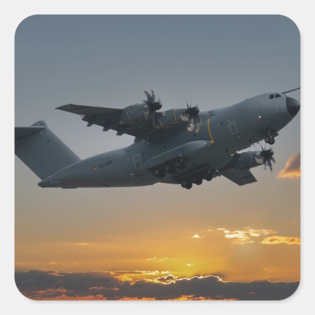 Pegatina Cuadrada Airbus A400M Al Atardecer (Anverso)