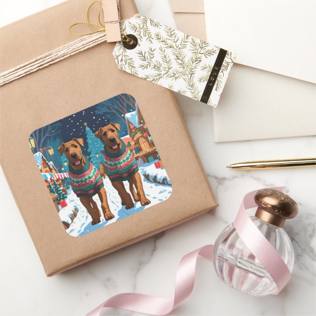 Pegatina Cuadrada Airedale Dogs Christmas Snow Holiday (Regalar)