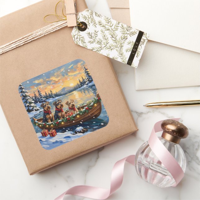 Pegatina Cuadrada Airedale Terrier Christmas Boat Holiday (Regalar)