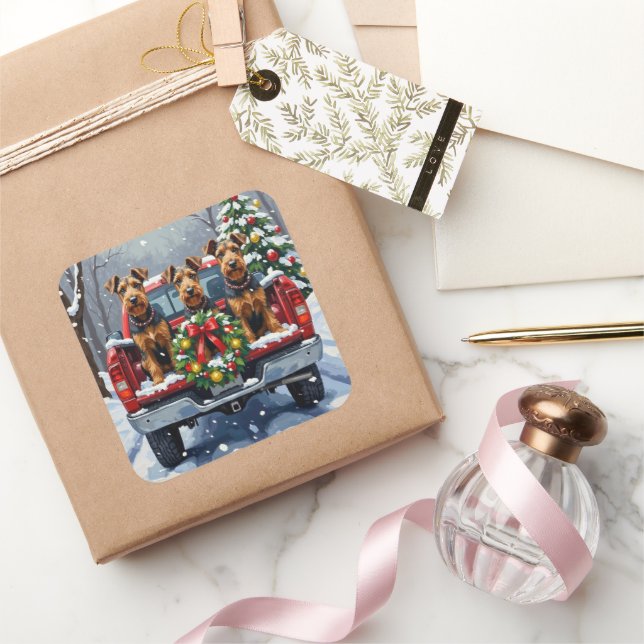 Pegatina Cuadrada Airedale Terrier Christmas Red Truck Holiday (Regalar)