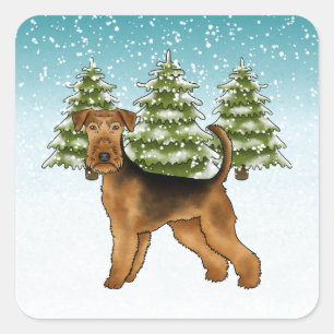 Pegatina Cuadrada Airedale Terrier Perro Bosque Nevado Invernal Fest