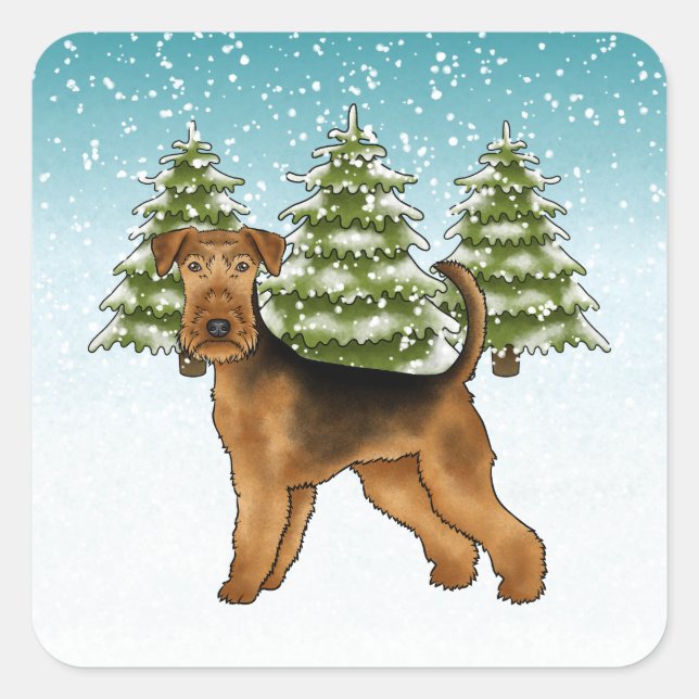 Pegatina Cuadrada Airedale Terrier Perro Bosque Nevado Invernal Fest (Anverso)